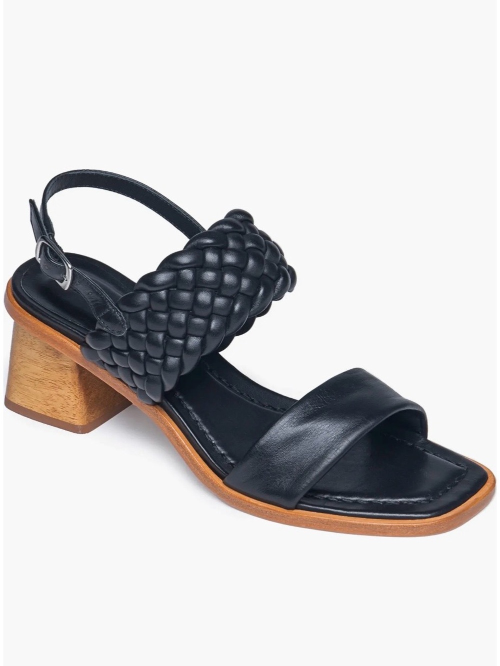 Bernardo Black Braided Leather Slingback Sandal with Wood Block Heel